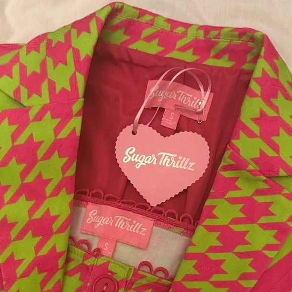 Am I the drama? Sugar Thrillz Neon Pink and Lime Houndstooth Set nwt - Picture 2 of 13